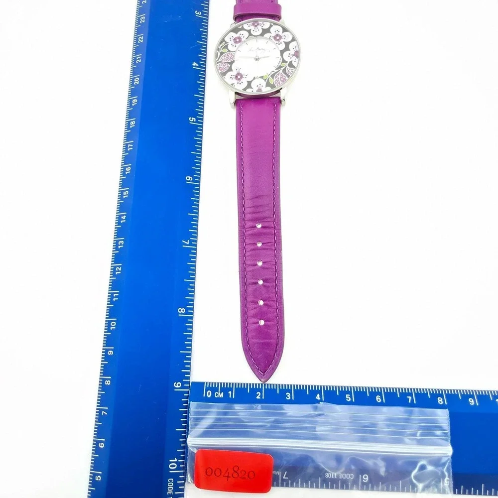 VERA BRADLEY 'Plum Petals' Ladies Watch Purple Leather Band Silver Tone 7.5